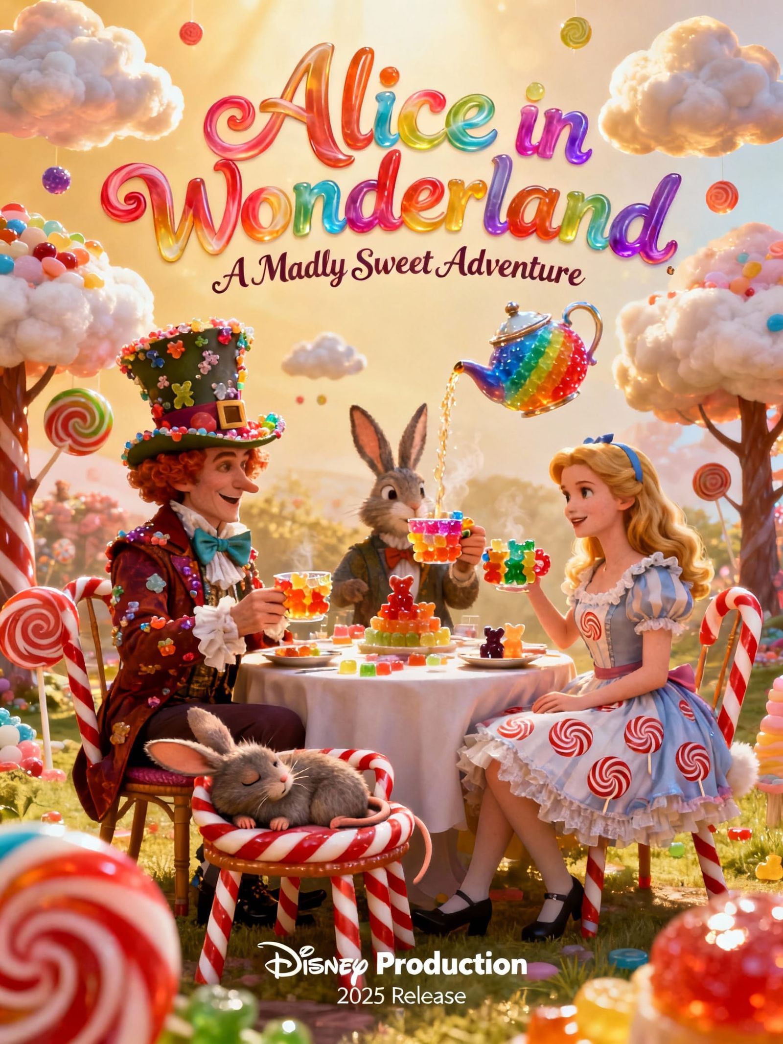 Mad Hatter’s tea party, Alice in Wonderland movie poster  by @Andy Does AI