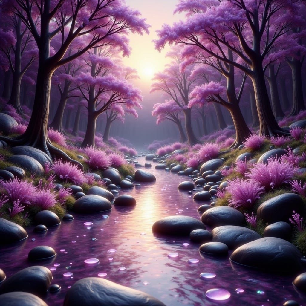 <lora:Dreamy Enchantment:1.0> Beautiful mauve and purple toned forest w/highly reflective creek, evening time, highly detailed, 8k resolutio...