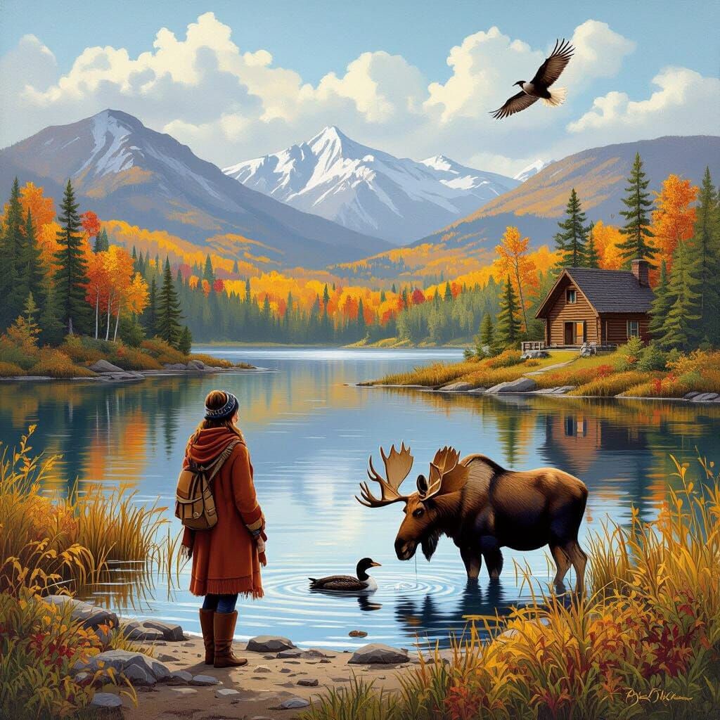 Detailed. A peaceful mountain lake. Maine. Realistic. Moose standing in lake, drinking water. Loon is ...  by @Driver8Break
