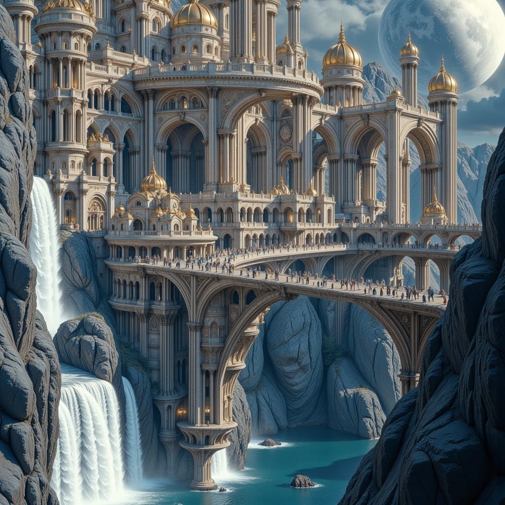 A realistic digital illustration of futuristic detailed hyper realistic mega city that combines futuristic Victorian Era, Italian Renaissanc...