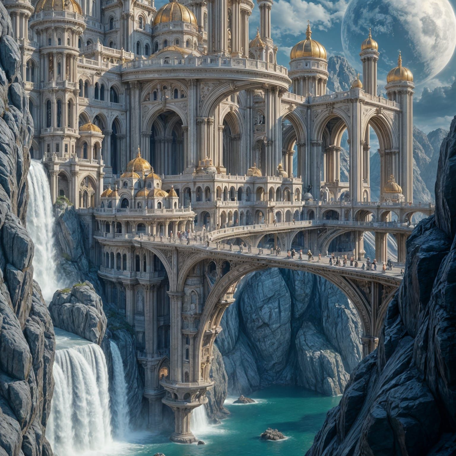 A realistic digital illustration of futuristic detailed hyper realistic mega city that combines futuristic Victorian Era, Italian Renaissanc...