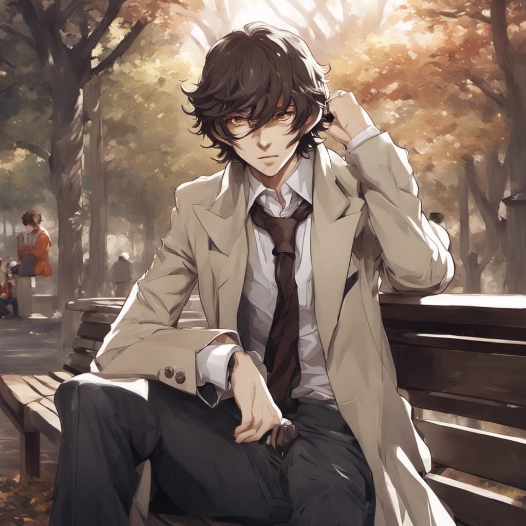 dazai osamu from bungou stray dogs sitting on a bench