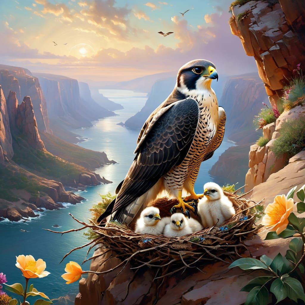 Peregrine Falcon sitting in a nest on a rocky cliff with chi...