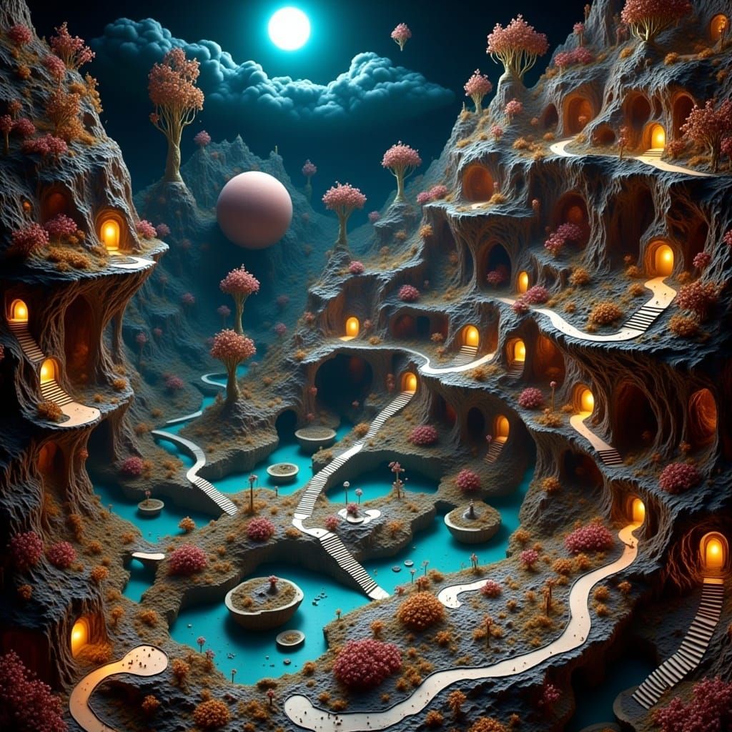  <lora:3D Mapper:1.0> 3D mapping of a mesmerizing dreamscape influenced by Edgar Allen poe mixed with MC Escher 