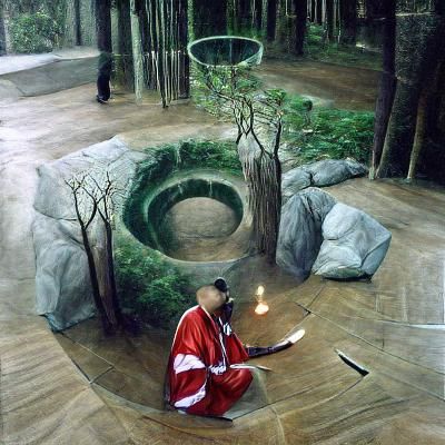 A mage casting a circle in a forest temple.