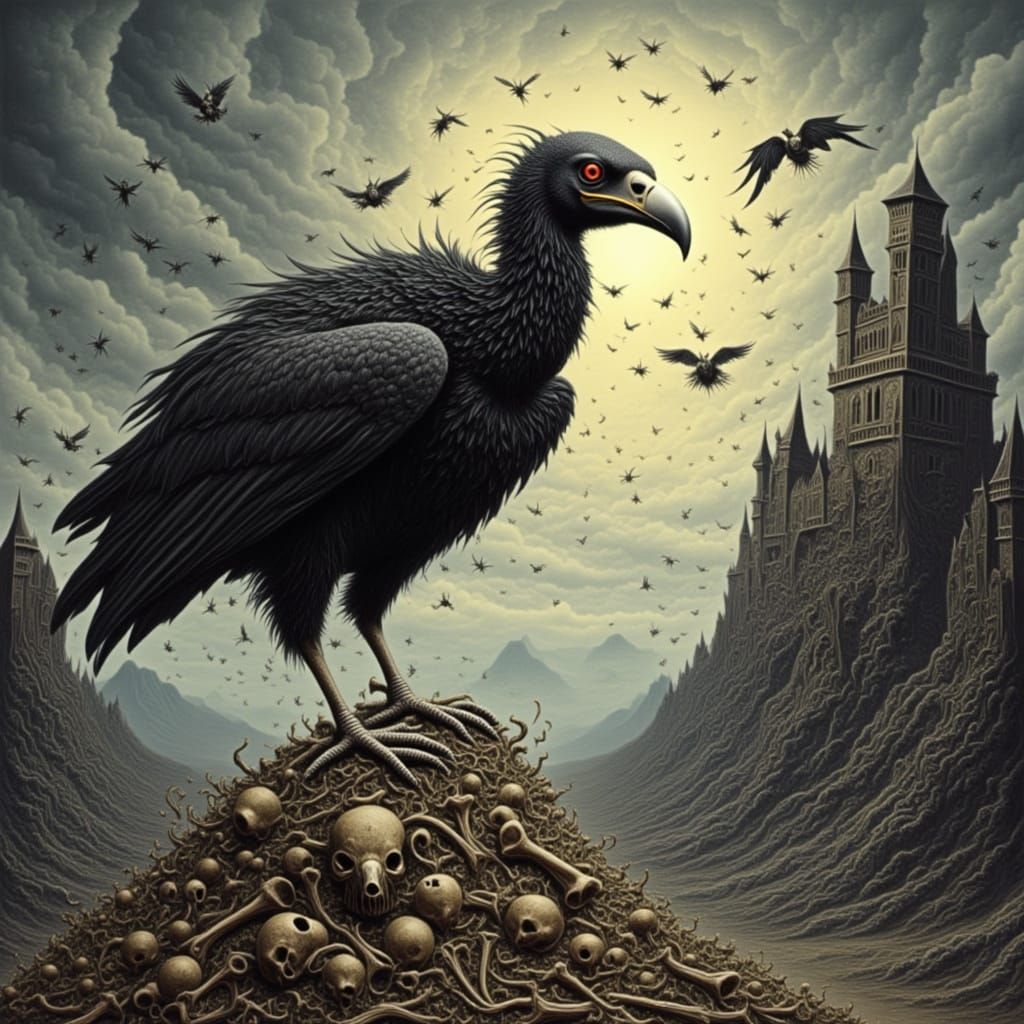 <lora:FLEUR NOIR FLUX:1.0> Vulture on a mountain of bones