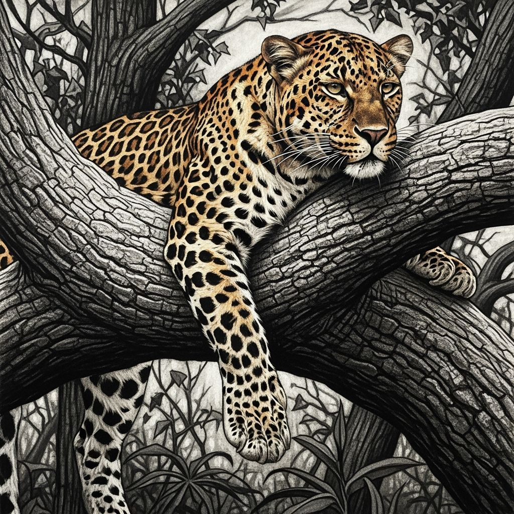 Leopard Lounging: Charcoal Drawing in Haunting Realism