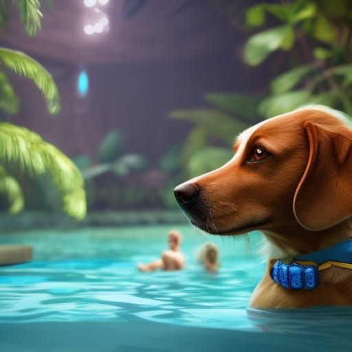 Dog relaxing in a tropical pool  by @Elizabeth Rhoads