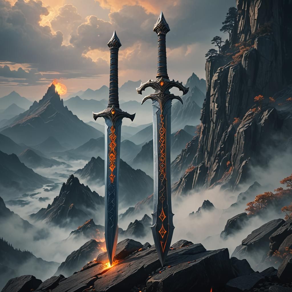 Sleek Double-Edged Sword on Misty Peak