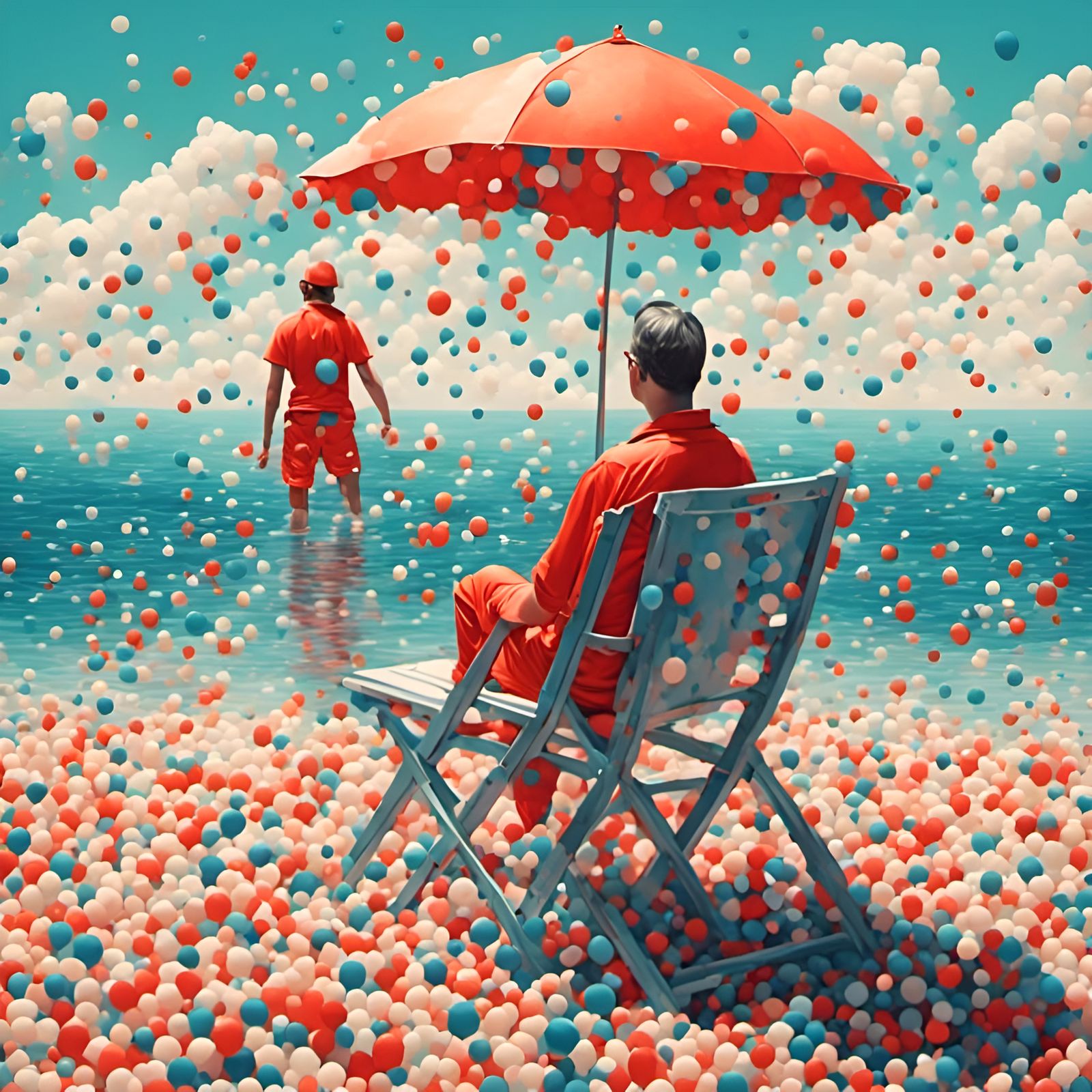 life guard, surreal, unnatural lighting, warped perspective, color contrast <lora:VintagePostcard:1.0> <lora:VintagePostcard Mod:1.0> 