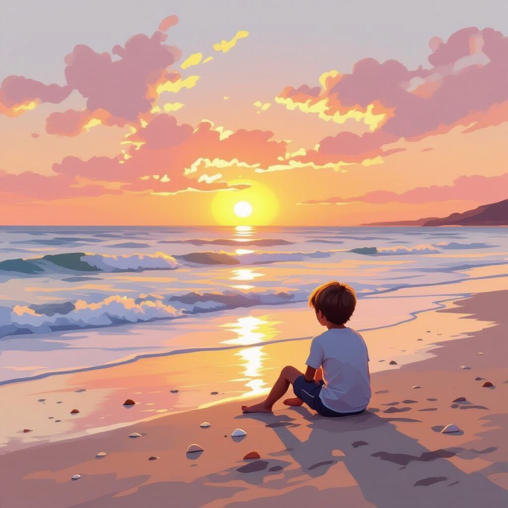 Boy on Beach at Sunrise: Golden Light and Painterly Style