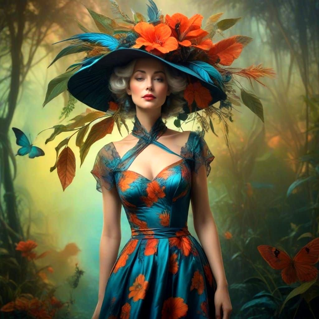 Surreal Portrait of Elegant Lady in Whimsical Landscape