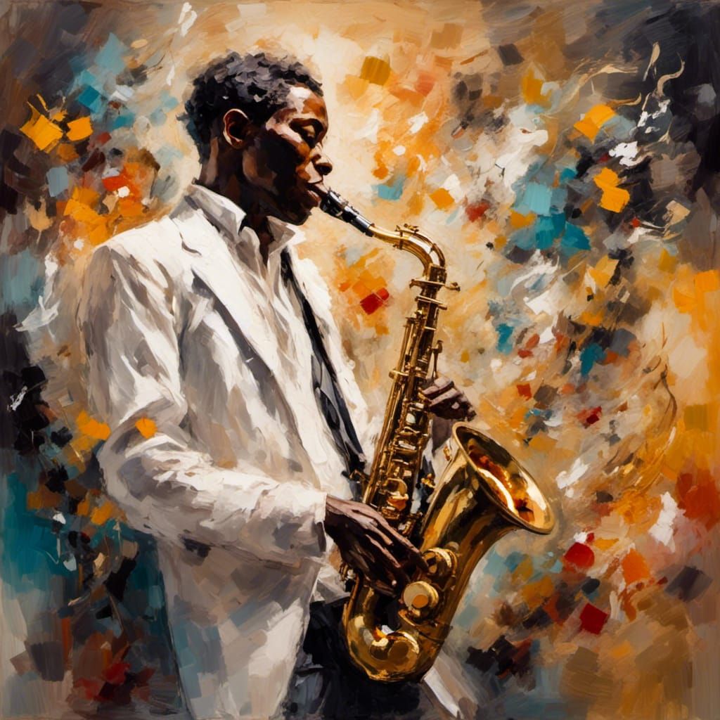 <lora:DreamFalls:1.0>  a black saxophone player in a white c...
