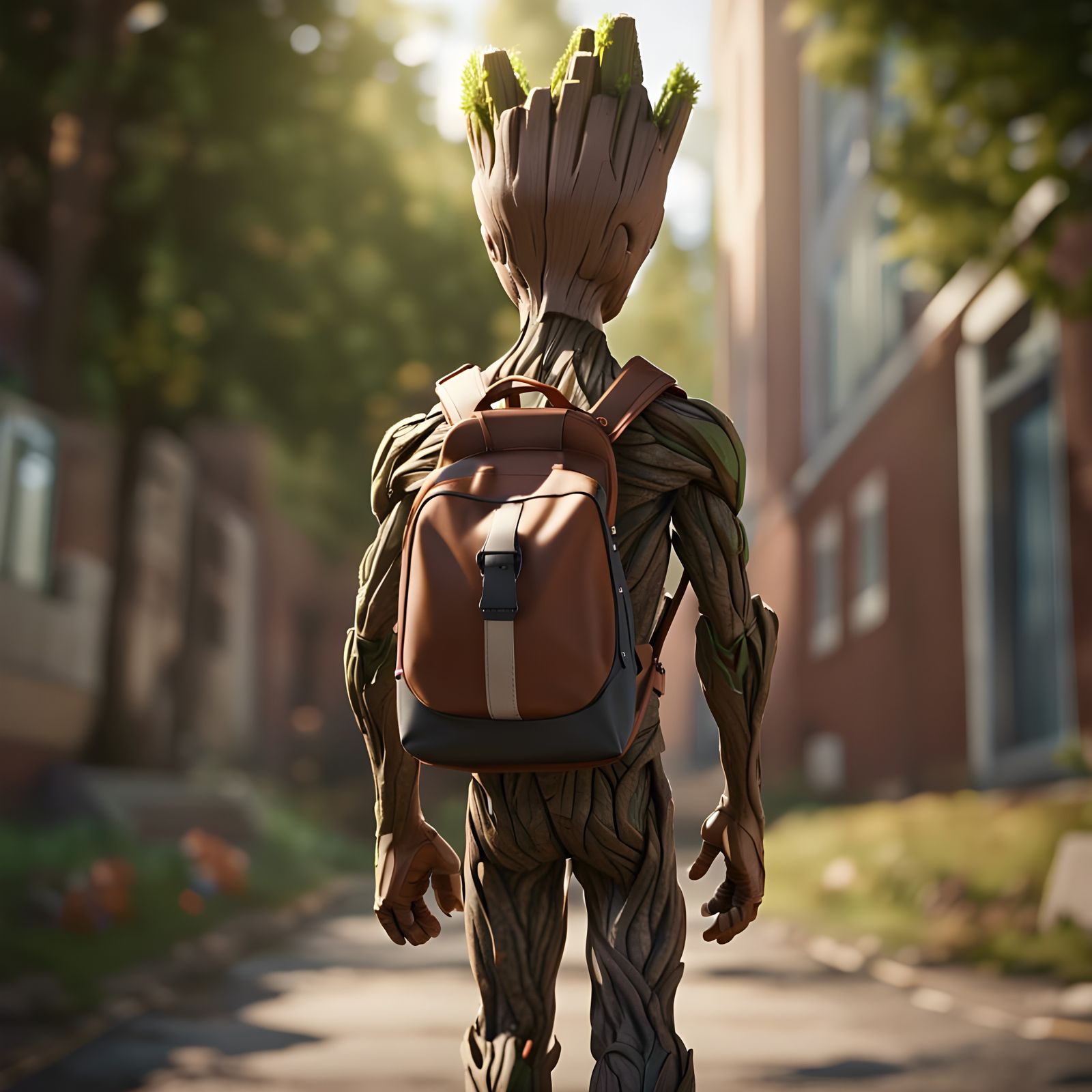 Groot with his backpack goes to school.