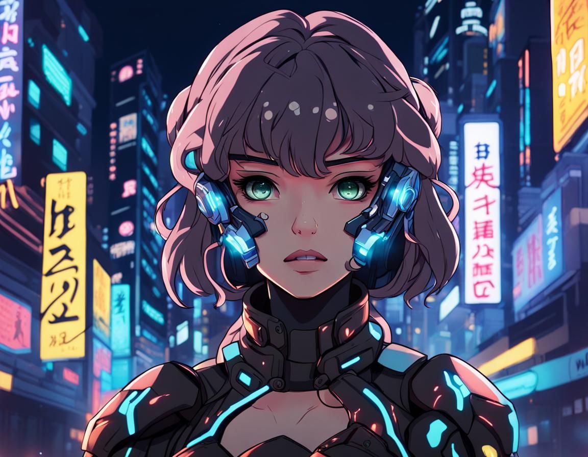 Portrait of a cyborg girl wearing futuristic face armor in a...