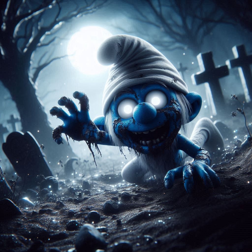 “Night of the Smurfing Dead” Clumsy Zombie Smurf keeps tripp...