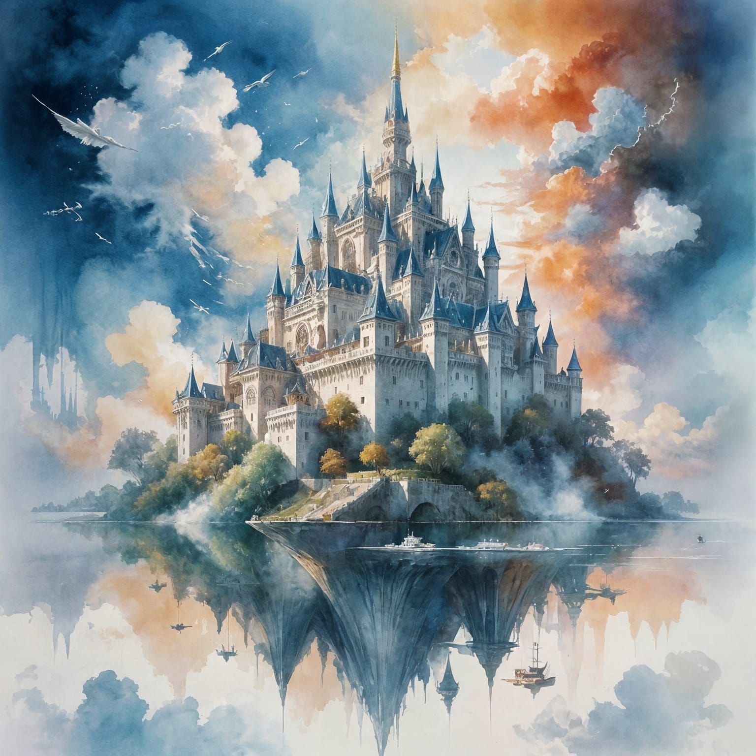 Dreamlike Floating Palace in Watercolor