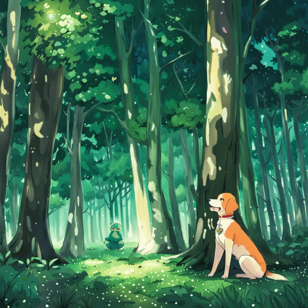 A dog sitting in a forest