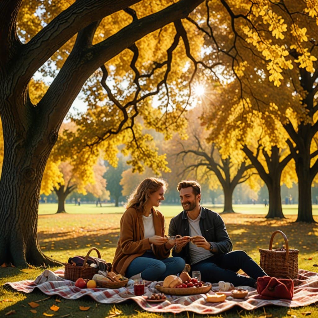 A man and woman are enjoying a picnic on a blanket under a oak tree in the park, beautiful Autumn colors, cinematic lighting, sunshine 