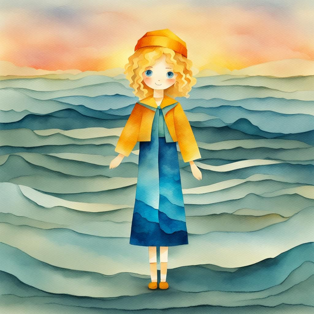 Serene Haredi Girl by the Sea in Dreamy Watercolor