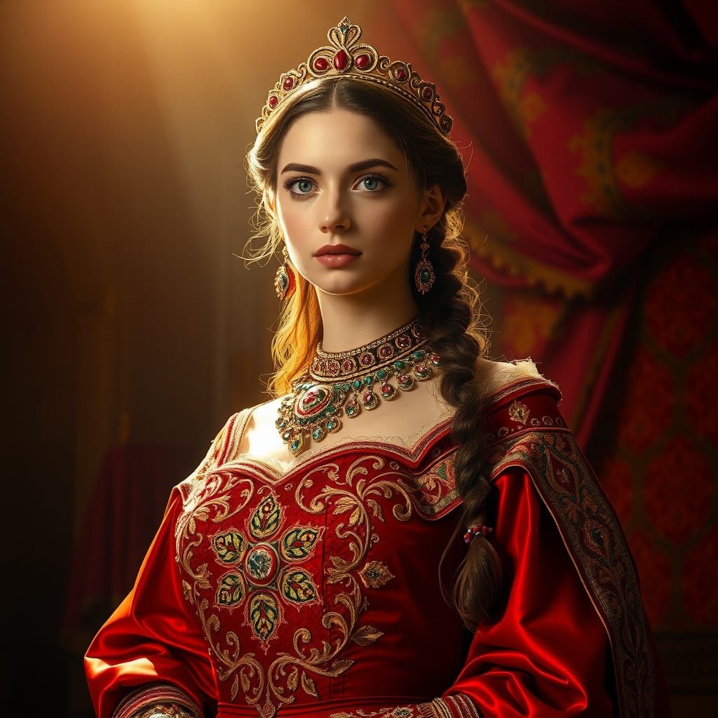 Tsarina Dunka young and handsome  in Red clothes of prepetrine fashion. dynamic lighting Rafael Santi renaissance painting
