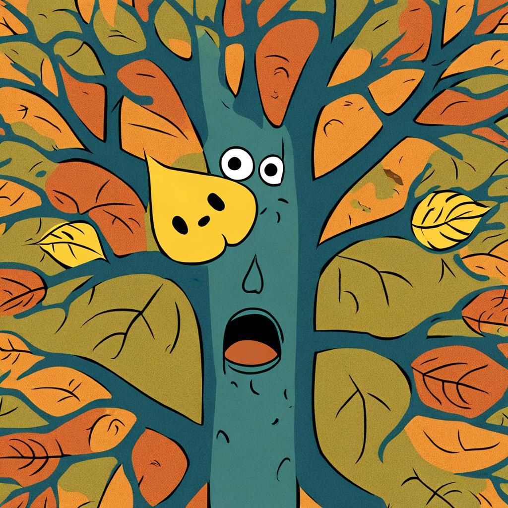 Cartoon Autumn Scene of Sad Leaf Falling
