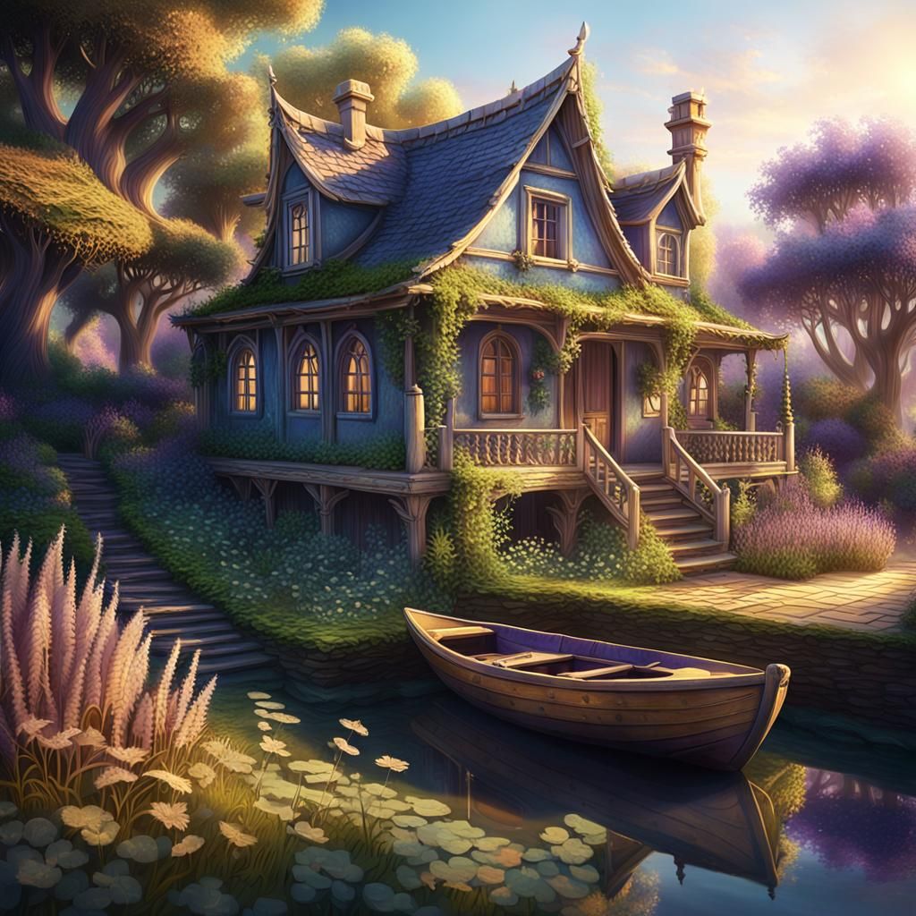 ancient house, small boat, morning sun, high resolution, high definition, serene, tranquil, subtle colors, soft shadows, elegant compositio...