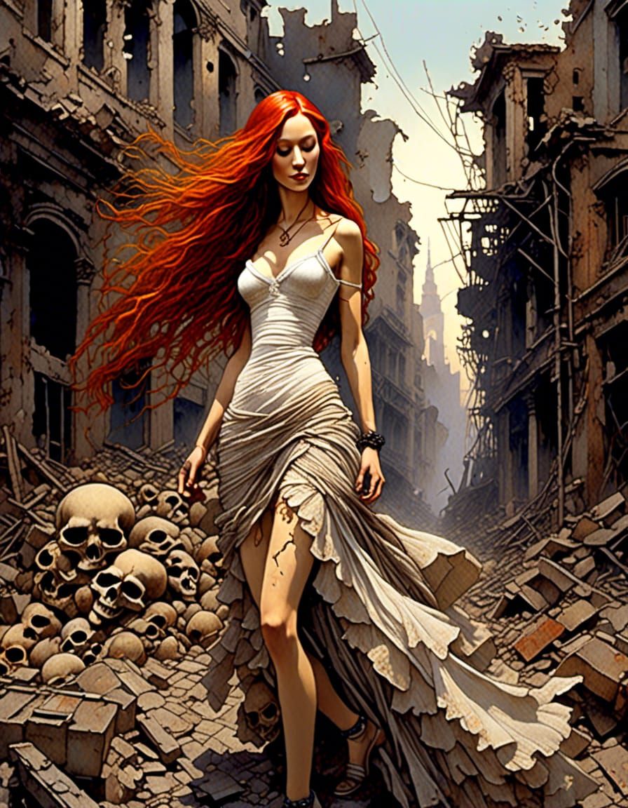 <lora:watrline:1.0> a woman with long red hair and a mona li...