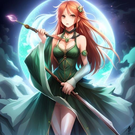Female wizard with red hair and luminous green eyes. She is ...
