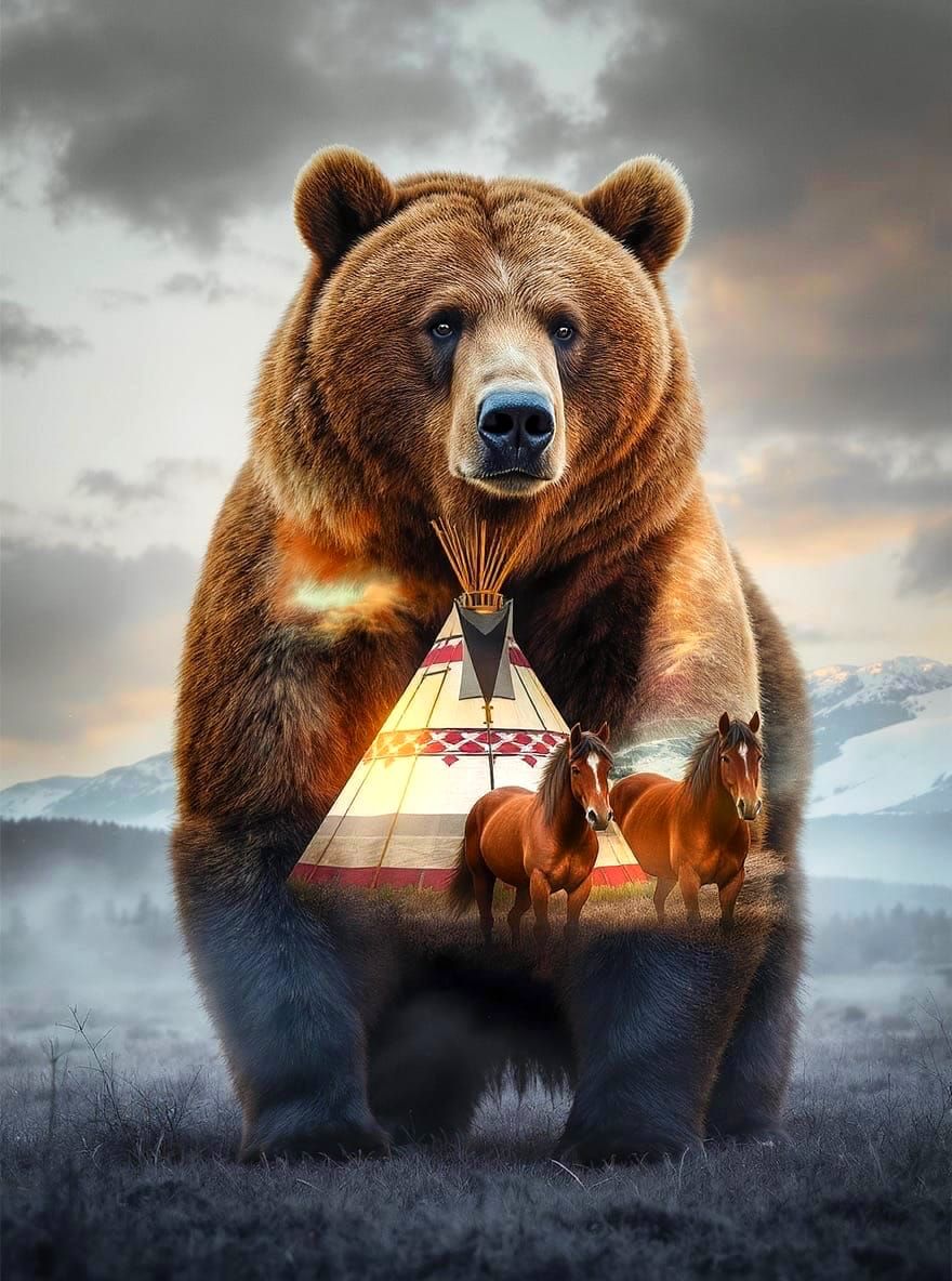 Double Exposure Grizzly Bear and Tepee and Horses
