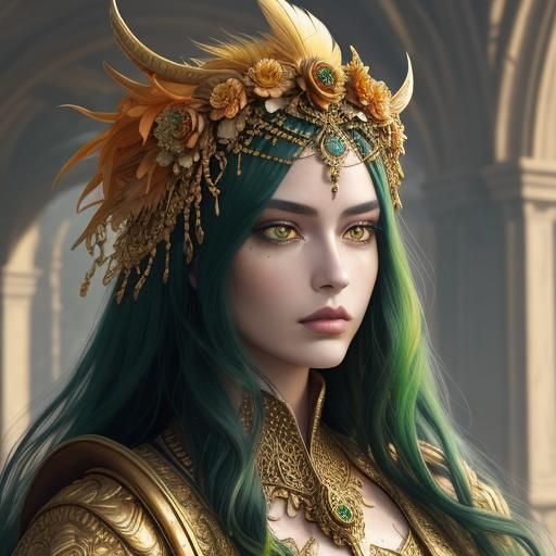 Beautiful woman with metallic gold skin, yellow peacock feat...