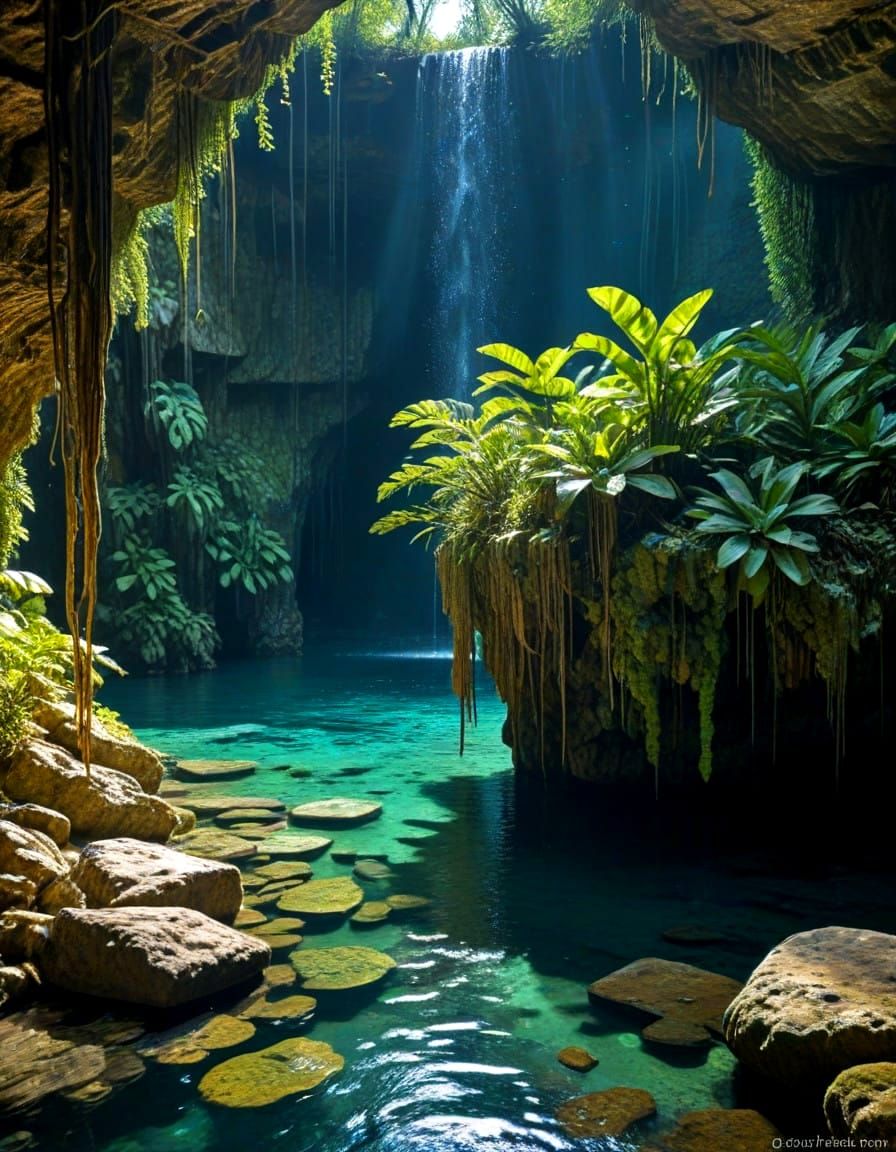 Impasto Cascade Hallucination, cenote "Buraco do Padre", rocky, mossy, impressive  by @Hugo Raul