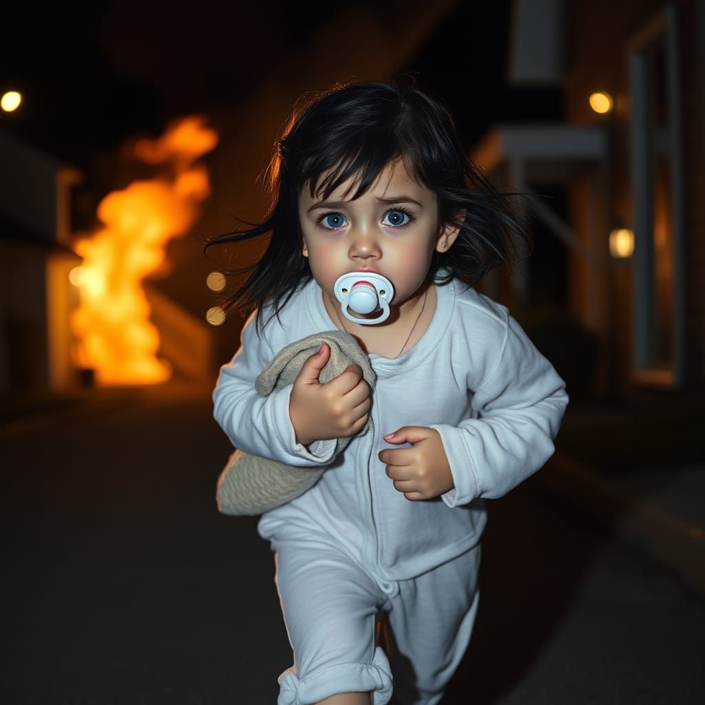 A Young Girl Fleeing a House Fire in the Night