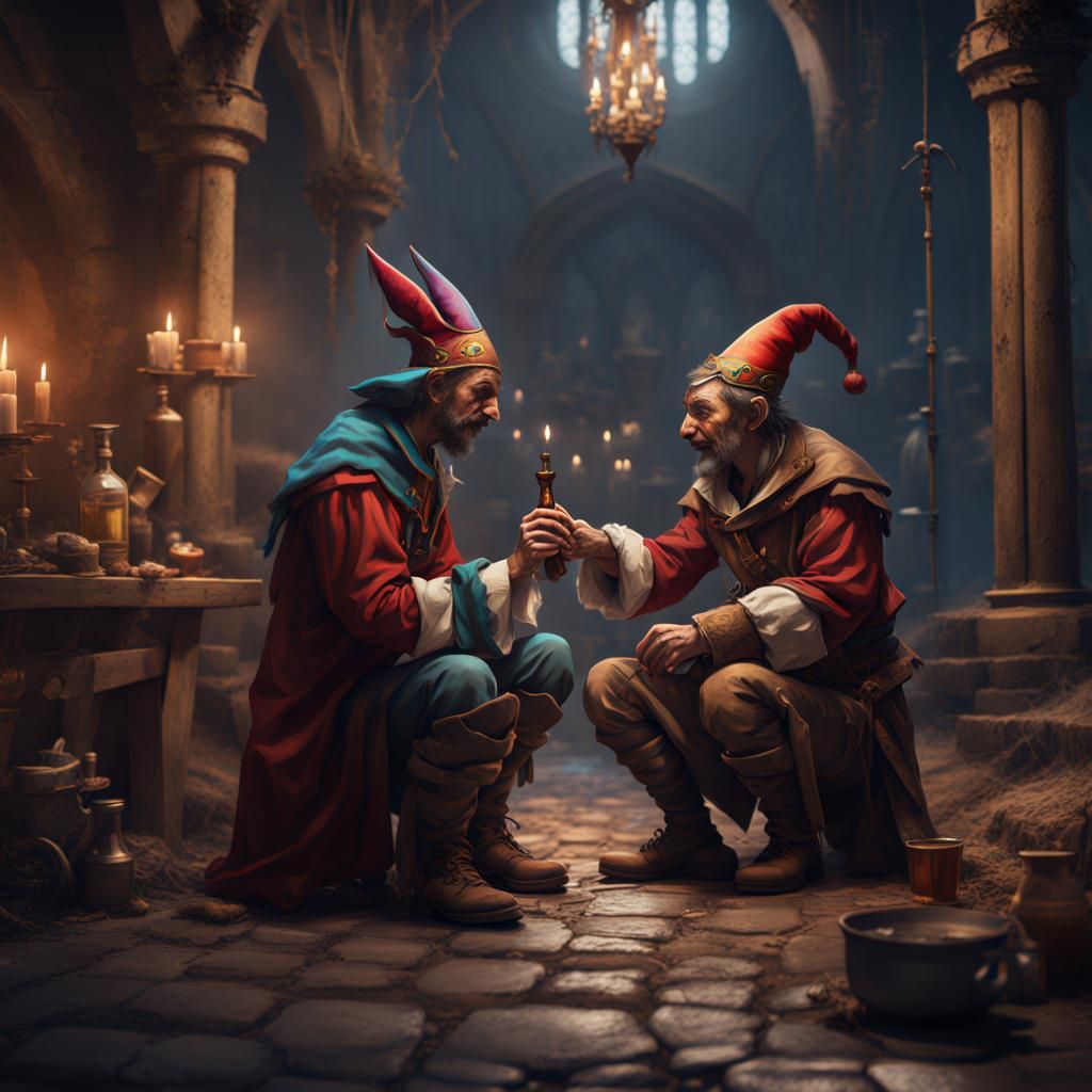 a  drunk jester and a peasant on their knees detailed matte ...