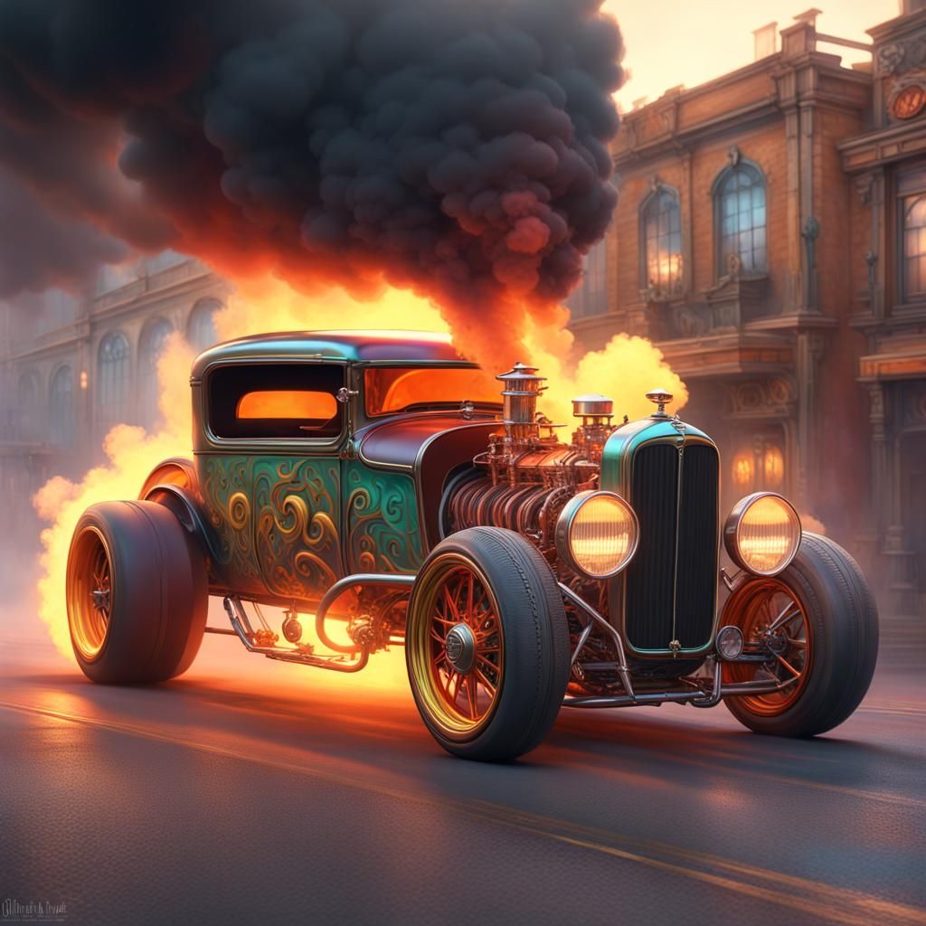 Steampunk Hot Rod with Flames - AI Generated Artwork - NightCafe Creator