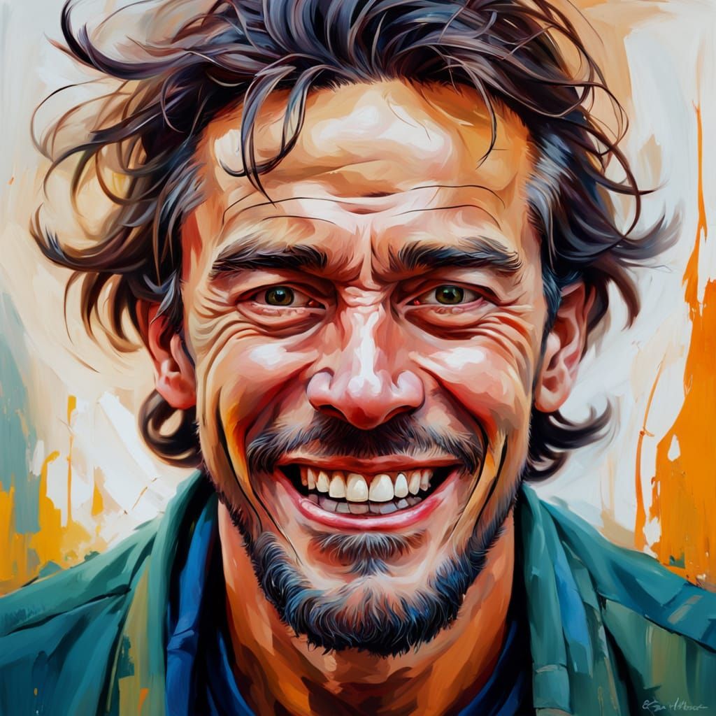 Frightened Man Smiling: Vibrant Oil Painting Portrait
