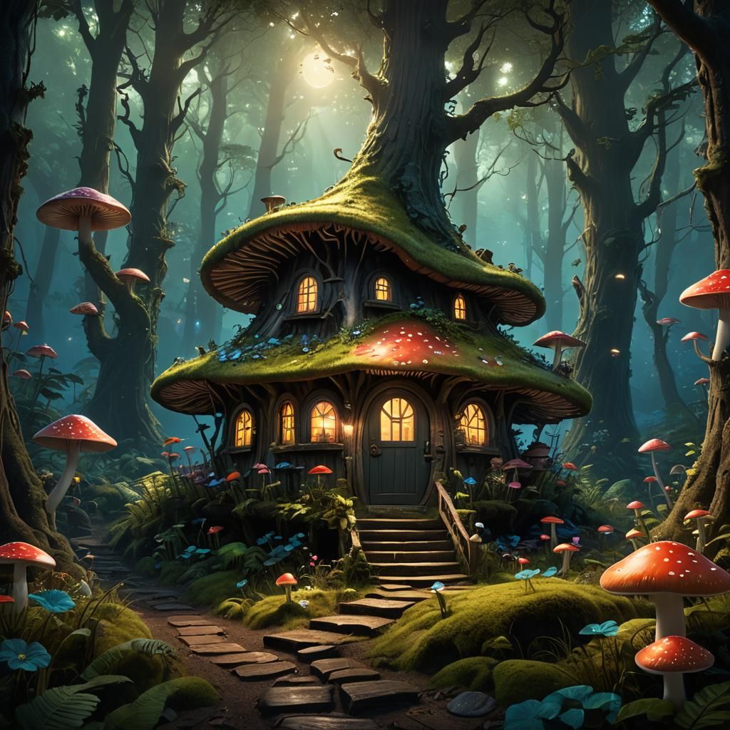 A fairy mushroom cabin in the woods in an enchanted biolumin...