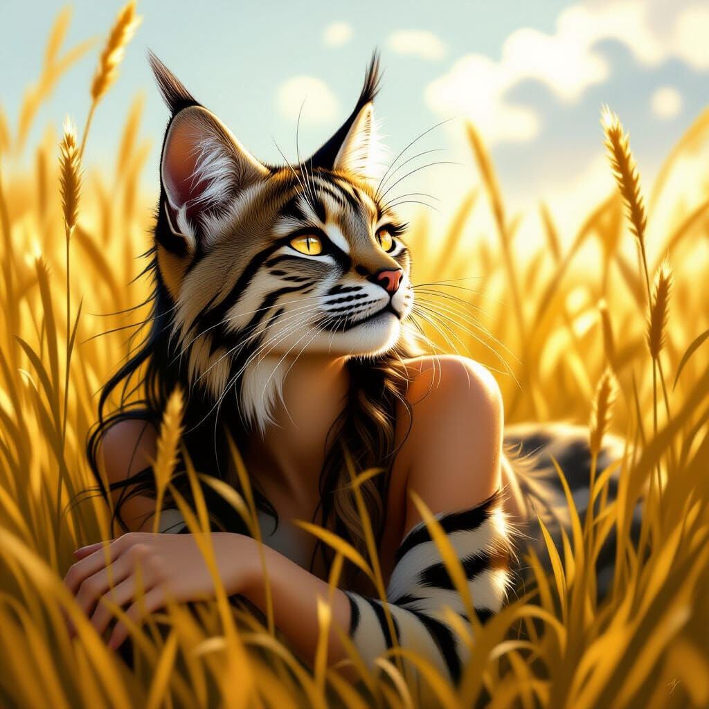 A beautiful hybrid, human/bobcat laying in the tall grass, her stunning gold eyes staring up at the sky.