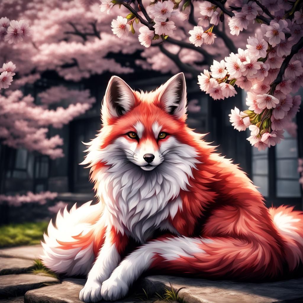 A kitsune setting under a cherry tree in full blossom.