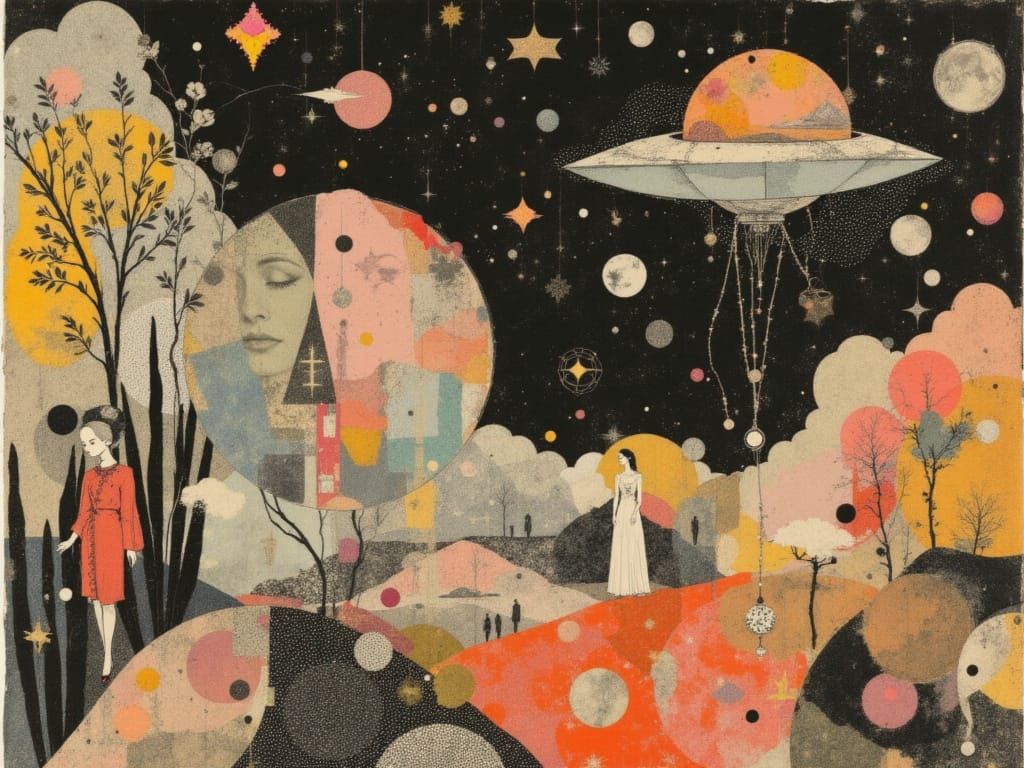 <lora:Umbratic:1.0> The scene carries a sense of playful mystery and poetic abstraction, evoking Agar’s collage techniques and surrealist co...