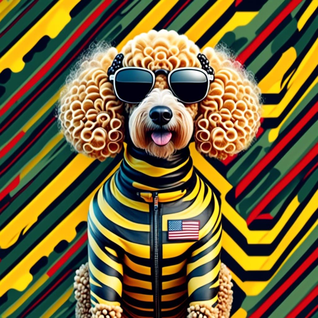 <lora:SurrealImaginarium:1.0> a poodle with tiger stripes and USA army camouflage, surreal creation, beautiful, attractive, modern vibrant s...