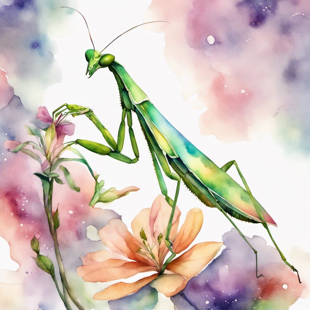 beautiful flowers praying mantis with iridescent wings watercolor