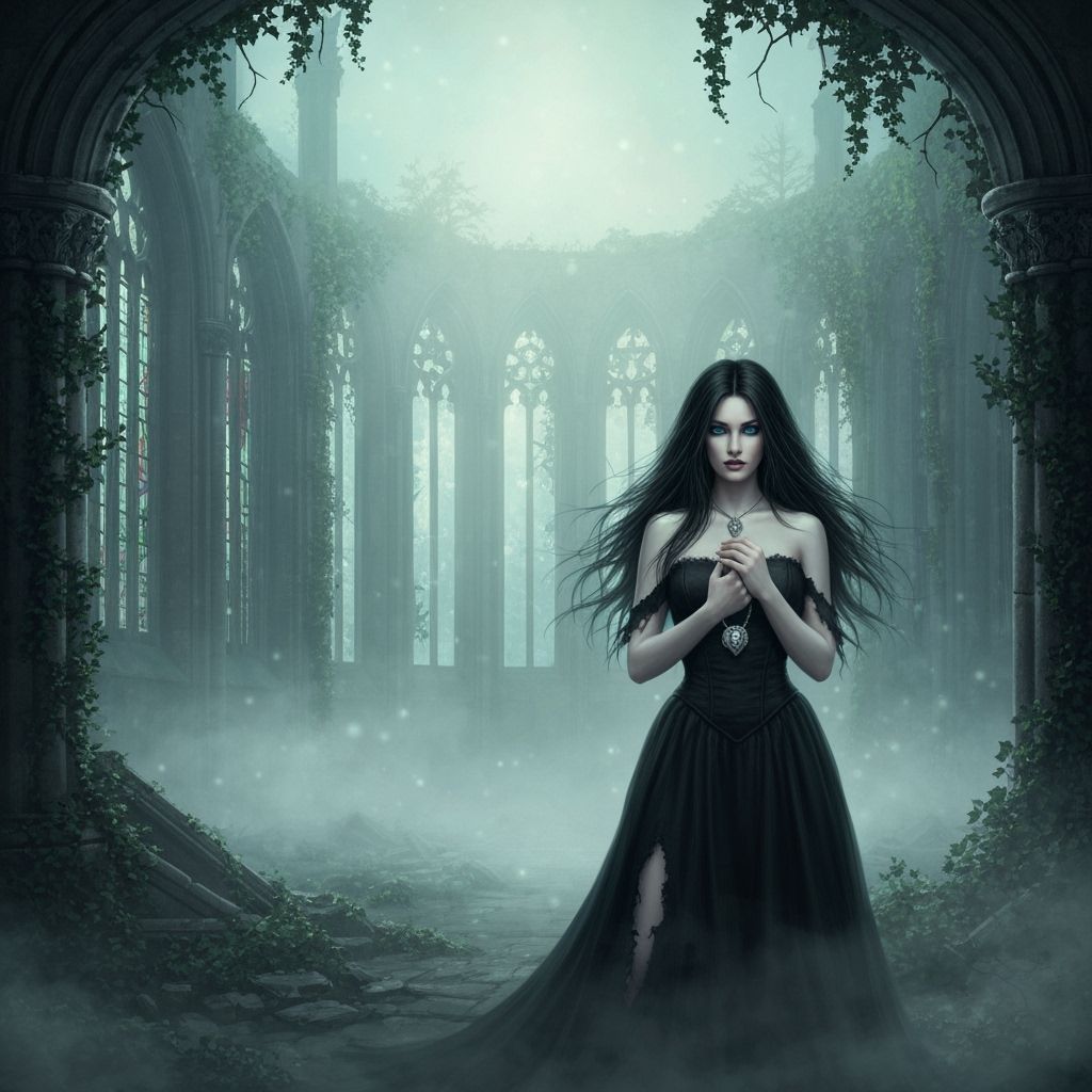 Gothic Woman in Ruined Cathedral, Ethereal Fantasy Art