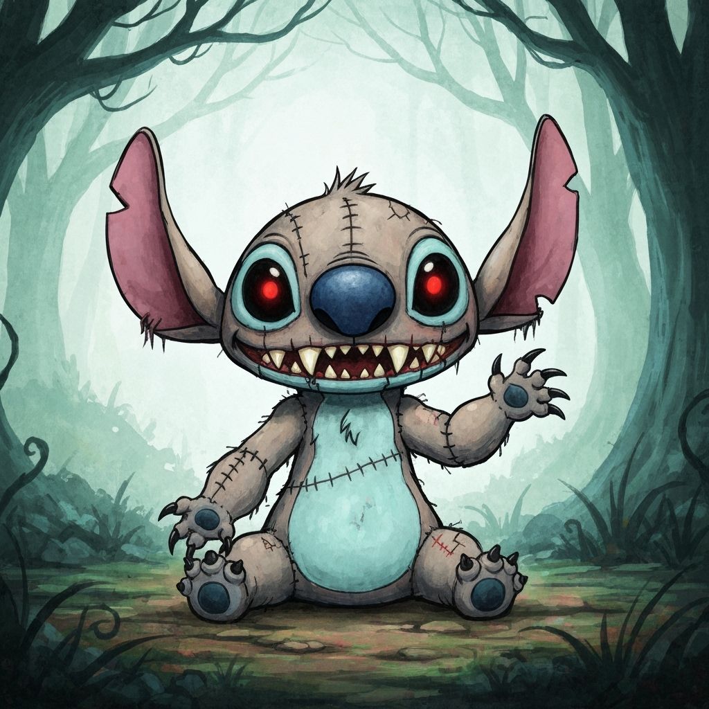 Creepy Cute Stitch in Eldritch Forest, Watercolor & Ink