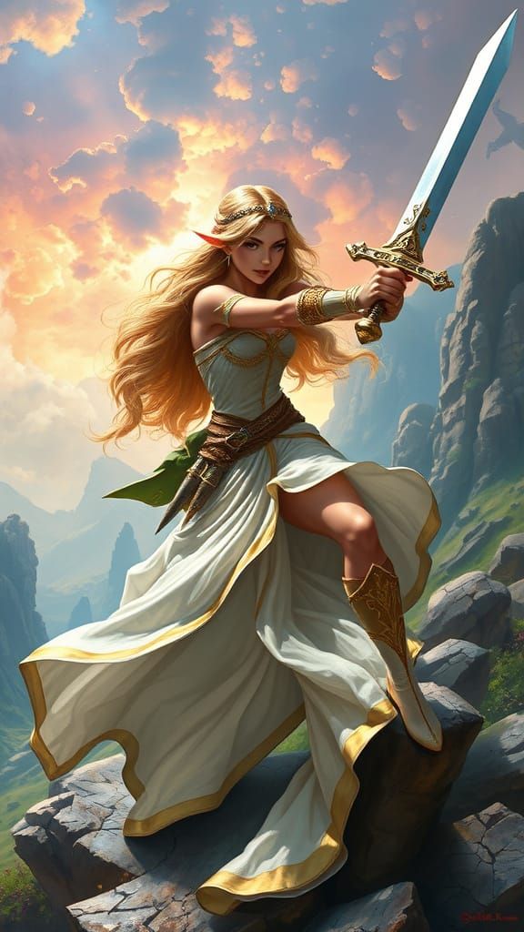 Princess Zelda, Legend of Zelda Hero, action pose, Clyde Cauldwell, Jeff Easley, Larry Elmore, Luis Royo, Keith Parkinson, Boris Vallejo, Fr...