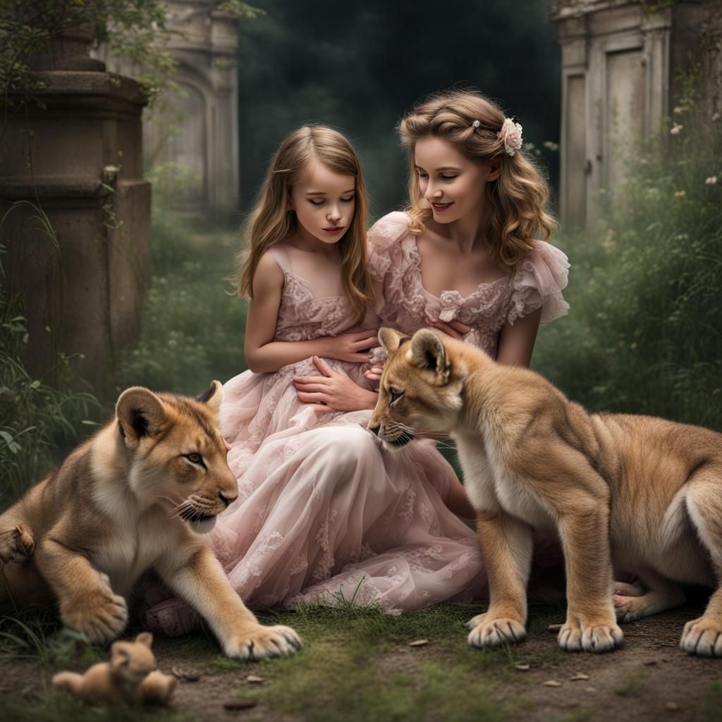 Hyper realistic Young daughter in whimsical gown playing wit...