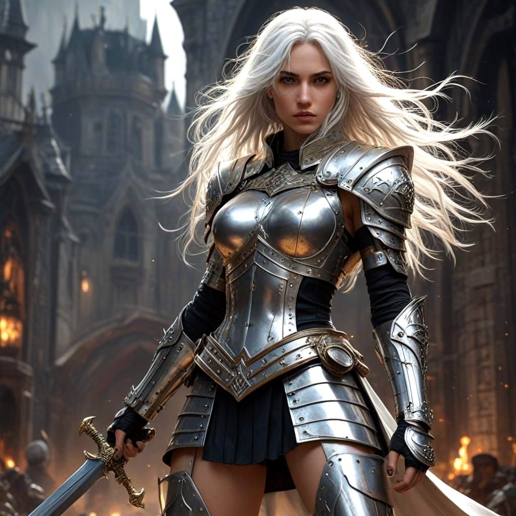 face with expression of pain, young white hair warrior maiden in white leather and silver armour and top with short leather skirt, intimidat...