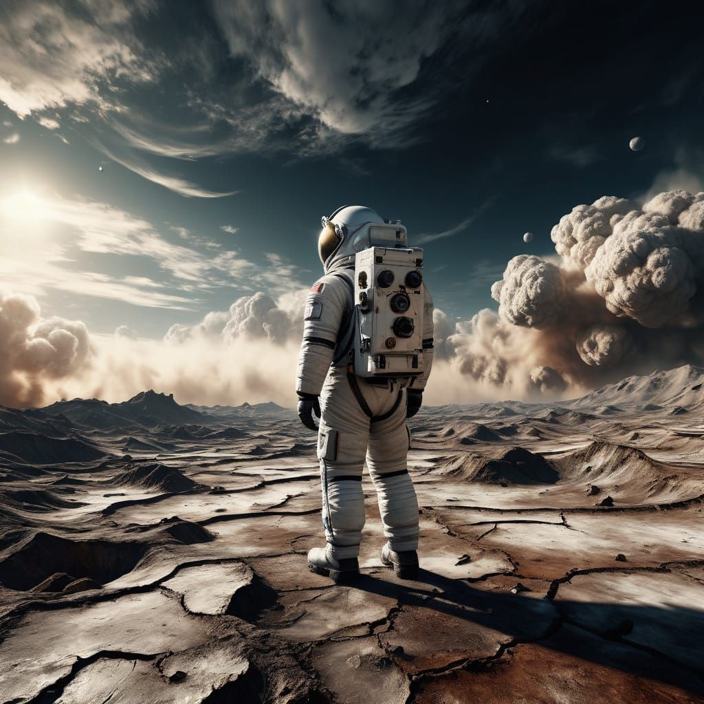A astronaut watching the sulfuric clouds on the scorched landscape of Venus  by @Nyx