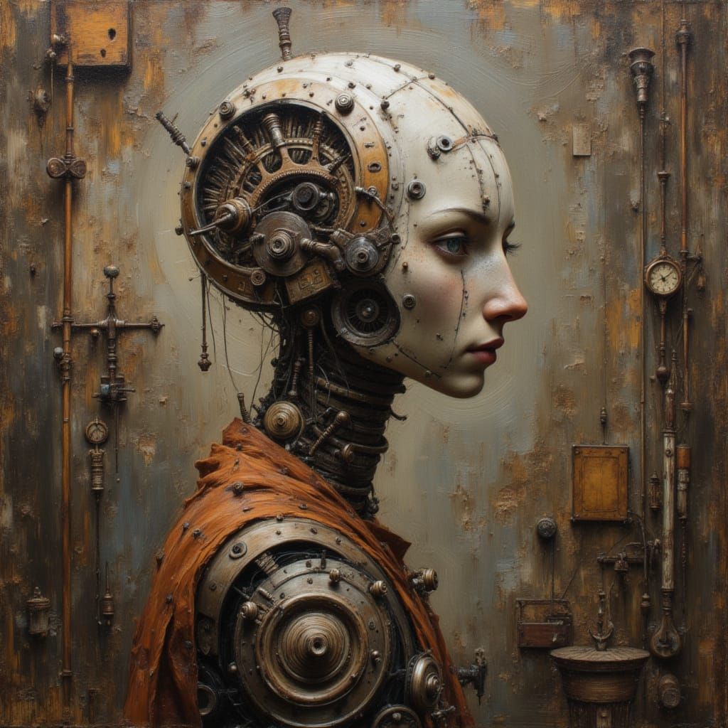 shoulder and head portrait of a anthropomorphic robot made of felt material, where his face shows hidden wooden mechanisms, wooden apparatus...