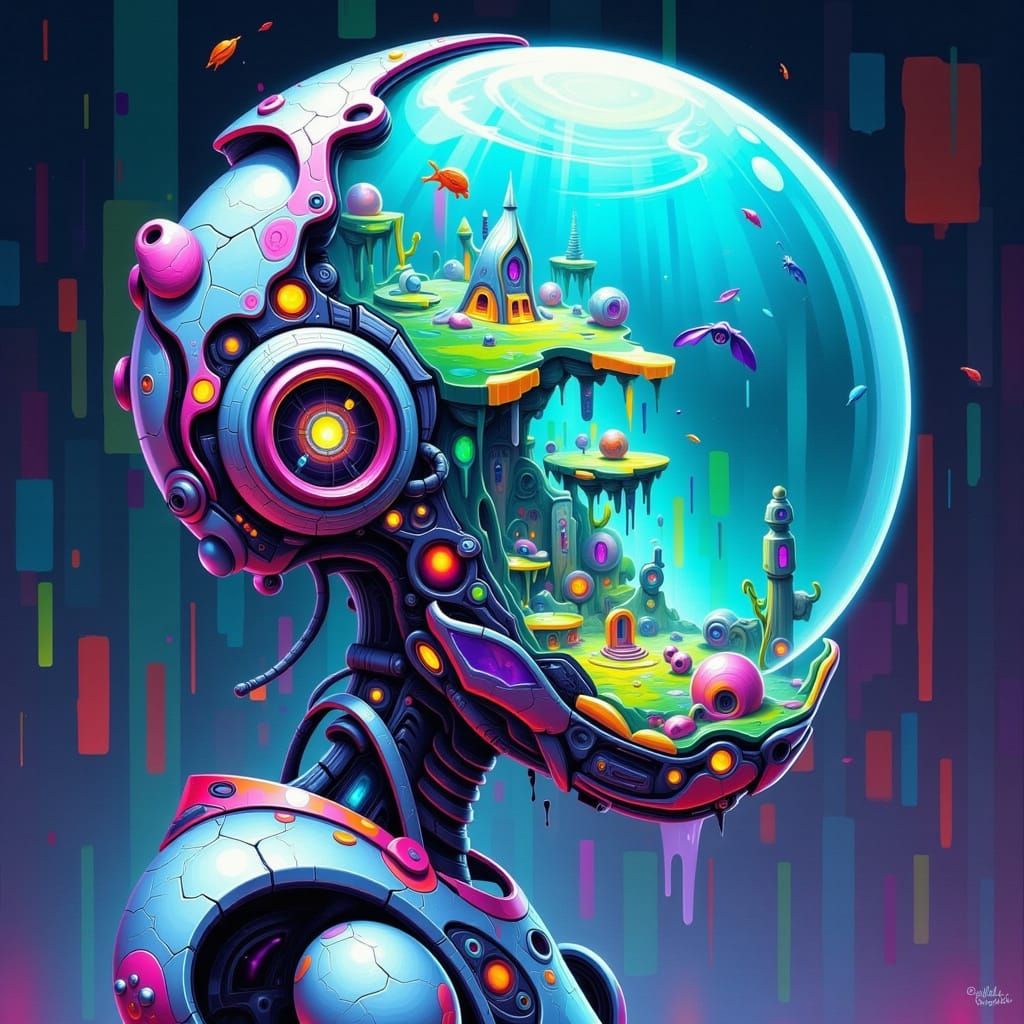 Oceanic Android with Glass Head: Hyperrealistic is A striking picture of a futuristic robot with a glass head. Inside, a miniature ocean eco...